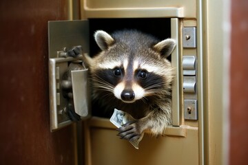 Wall Mural - raccoon as a burglar stealing from a safe deposit box, fantasy illustration, generated with ai