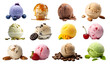 Ice cream scoop ball with fruits toppings on transparent background cutout. PNG file. Many assorted different flavour Mockup template for artwork design.