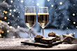 Christmas and New Year snow holidays background, winter season, glasses of wine, champagne and black chocolate candies, toasting on new year's night snow covering table, with fireworks. AI generative