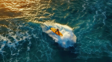 The view from Drone above A surfer is surfing on a surfboard