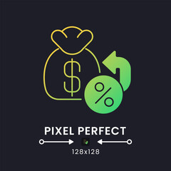 Sticker - Tax Refund yellow solid gradient desktop icon on black. Money back. Cashback program. Returned income. Pixel perfect 128x128, outline 2px. Glyph pictogram for dark mode. Isolated vector image