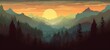 Landscape forest mountains nature adventure travel background panorama - Illustration of valley view of forest fir trees, mountains and sunset, Generative Ai