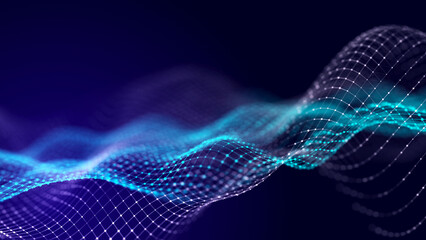 Abstract digital data background. Wave with moving dots. Musical stream of sounds. 3D rendering.