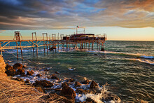 Rocca San Giovanni, Chieti, Abruzzo, Italy: Landscape Of The Adriatic Sea Coast At Dawn With An Ancient Fishing Hut Trabocco, The Typical Mediterranean Wooden Pilework