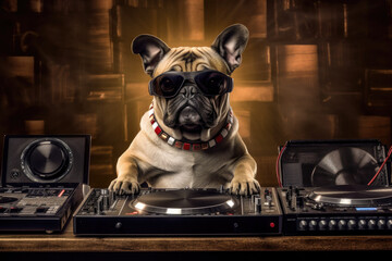 Wall Mural - dog djing at party, fantasy illustration, generated with ai