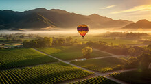 Beautiful Mountains, A Hot Air Balloon, And A Sunrise Among The Vineyards In Valley. Generative AI