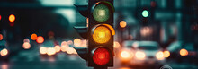A traffic light at a street crossroads with a beautiful bokeh city and cars in the background. Generative AI