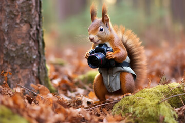 Wall Mural - squirrel taking forest pictures, fantasy illustration, generated with ai