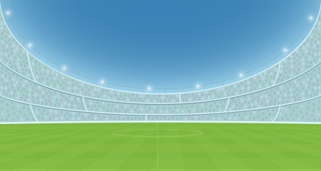 Football stadium with stands and floodlights in the day. Soccer championship background, banner, poster, template.