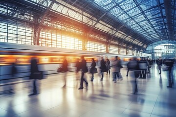 Wall Mural - Passengers on a train station platform, generative ai