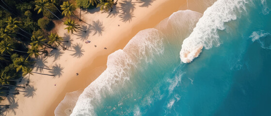 Aerial view of umbrellas, palms on the sandy beach of Indian Ocean at sunset. Summer holiday in Zanzibar, Africa. Tropical landscape with palm trees, parasols, white sand, blue water, waves. Top view