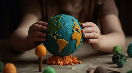 Wall Mural - Layout of the planet made of plasticine in children's palms. Generative Ai