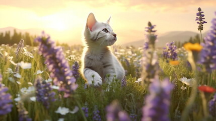 kitty cat and puppy on wild meadow field ,groop of bee and butterfly on  flowers lavender, poppy ,daisies, cornflowers at summer sunset ,generated ai