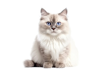 Wall Mural - Cute fluffy portrait kitty Cat Ragdoll looking at camera isolated on clear png background, funny moment, pet concept, with Generative Ai.