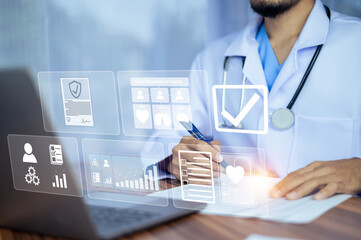 Wall Mural - Doctor using computer working in hospital, Doctor using computer checking data patient document, Doctor using computer for health care hospital background