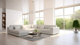 Fototapeta  - A White Modern Interior Illuminated by Panoramic Windows and Enhanced by a Stylish Corner Sofa. Generative AI
