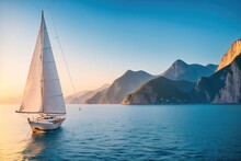 Sailboat In The Sea In The Evening Sunlight Over Beautiful Big Mountains Background, Summer Adventure, Ai Generative