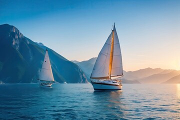 Sailboat in the sea in the evening sunlight over beautiful big mountains background, summer adventure, ai generative