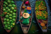 Fruit And Vegetable Market On Boats In Thailand. Generative AI