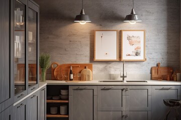 On the grey cabinet doors in the interior of the kitchen is a banner. Kitchen utensils, lighting, a sink, and a small shelf are placed in a stone nook. a notion for a contemporary home design