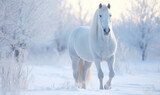 Fototapeta Konie - White Horse Galloping Through Winter Snowy Forest. Created using generative AI tools