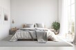 © Lasvu - On a white wall background, a double bed, a soft gray carpet, a lamp on the floor, accessories, and a window with curtains can be seen. Scandinavian style, a minimalist bedroom, and real estate purcha