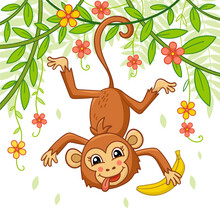 A Funny Cartoon Monkey With A Banana Hangs On A Branch. Iema Jungle. For The Design Of Children's Prints, Posters, Stickers, Cards, Puzzles And So On.Vector