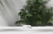 3D Pedestal Podium  On White Background With Palm Tree Leaves Summer Holiday Beauty Product Promotion Platform Display Mockup . Natural 3D Render Copy Space Banner Minimal  Trendy Illustration. 