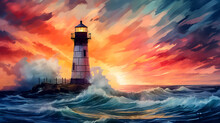 Beautiful Watercolor Paint With Lighthouse And Stormy Evening AI Generated