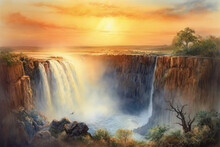 Watercolor Painting Of Victoria Falls On The Zambezi River. Generative AI.