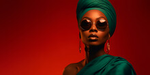 Portrait Of A Black Woman With Turban And Sunglasses In Front Of A Red Background With Copy Space, Fictional Person Created With Generative Ai