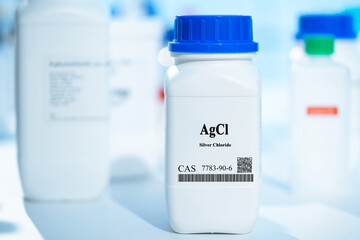 Sticker - AgCl silver chloride CAS 7783-90-6 chemical substance in white plastic laboratory packaging