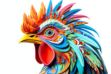 Closeup Of Thick Paper Cut Of The Colorful Rooster Head By AI Generative Isolated On The White Background.  Generative AI Illustration.
