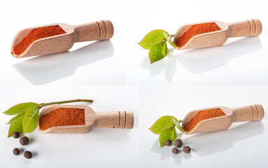 beautiful wooden spoons with spices, isolated on a white background