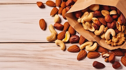 Wall Mural - Mixed nuts in wooden bowl and scattered on table. Trail mix of pecan, almond, macadamia on wood textured surface. Generative AI