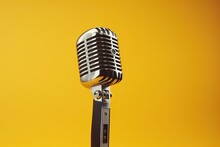 Vintage Microphone On Yellow Background, Podcast Karaoke Background, Generative AI