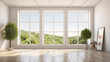 © Gasspoll - White empty room with summer landscape in window. 3D illustration. Generative AI