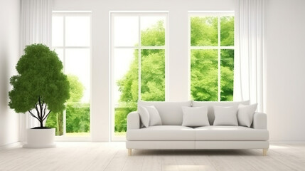 Wall Mural - White room with sofa and green landscape in window. Scandinavian interior design. Generative AI