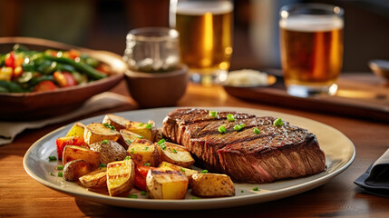 A plate of steak, potatoes, and vegetables on a table with a glass of beer and a bowl of vegetables on the side of the plate. Generative AI