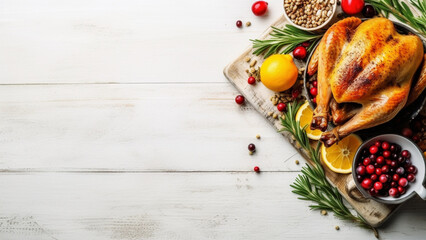 Thanksgiving turkey on a rustic wooden white table