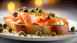 A piece of bread topped with salmon and capers on top of a white plate with olives on top of it, Generative AI