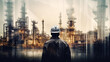 Double exposure of Engineer with oil refinery industry plant background. Generative AI