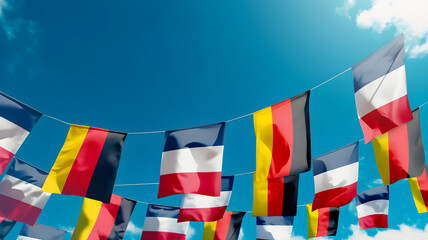 Flag of France and Germany against the sky, flags hanging vertically