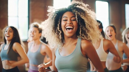 group of young women dancing together during a fitness class, women body positivity and diversity, s