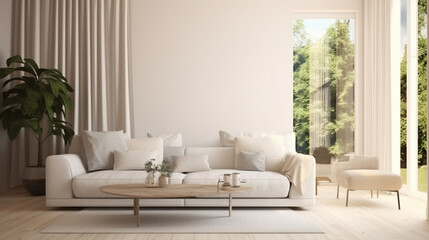 Wall Mural - Modern living room in white color with sofa. Scandinavian interior design. Generative AI