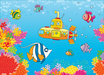 Wall Mural - Small yellow deep-sea scientific bathyscaphe among funny exotic fishes on a colorful tropical coral reef in a southern sea, vector cartoon illustration