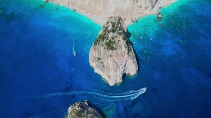 Wall Mural - Keri, Zakynthos. Aerial drone view of Myzithres Beach, overhead landscape of Ionian Sea, Greek Islands, Greece.