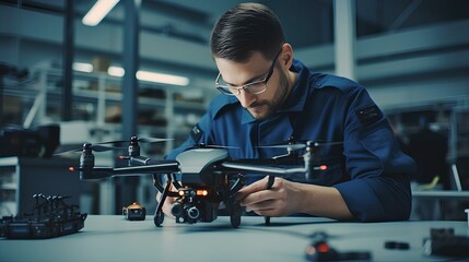 Engineer testing a military-grade drone in a laboratory, demonstrating innovation in defense technology and artificial intelligence. generative AI