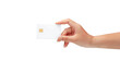 woman Hand holding blank credit chip card isolated on a white background with clipping path, for business and finance, or payment concept.
