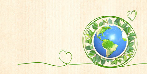 Wall Mural - 3d Earth planet and green leaves on cardboard texture. Horizontal banner with recycled eco paper texture. Eco, bio, zero waste concept. Copy space for text. Element of this image furnished by NASA